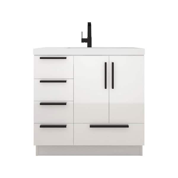 Carla 36 in. W x 20 in. D x 35 in. H Single Sink Freestanding Bath Vanity in Gloss White with White Acrylic Top