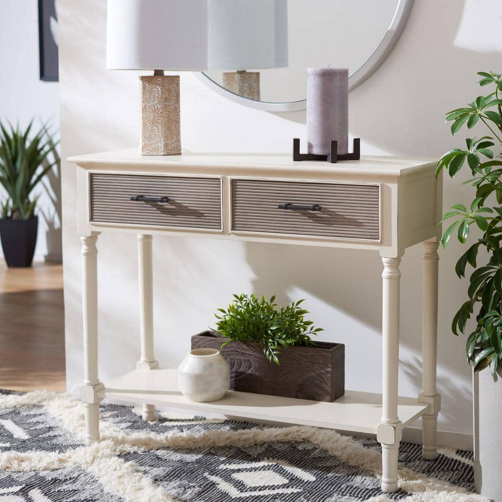 Distressed White and Greige 2-Drawer Console Table with Storage