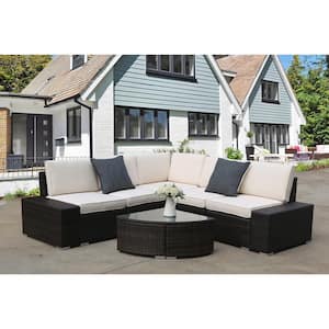 Outdoor Brown 6-Piece Wicker Patio Conversation Seating Set with Beige Cushions