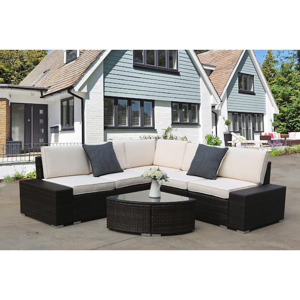 Wateday Outdoor Brown 6-Piece Wicker Patio Conversation Seating Set with Beige Cushions