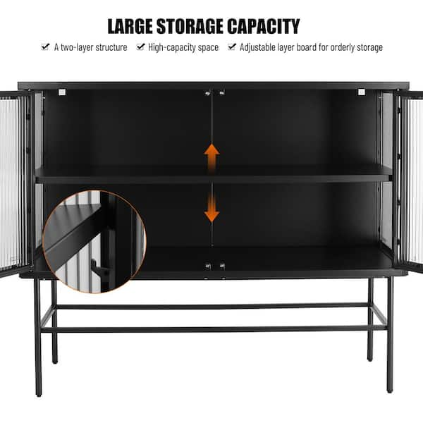 Black Pantry Organizer with Two Glass Door, Two-Tier Storage Cabinet