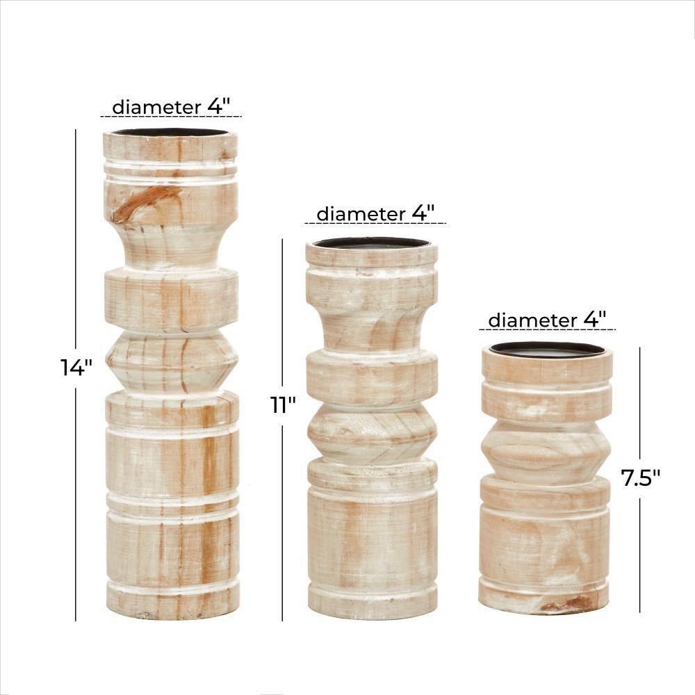 Brown Wood Pillar Candle Holder Set with White Wash Finish