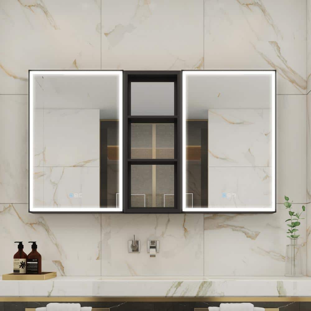 60 in. W x 30 in. H Rectangular Black Aluminum Recessed/Surface Mount LED Medicine Cabinet with Mirror and Outlet price history on PriceWatchPro