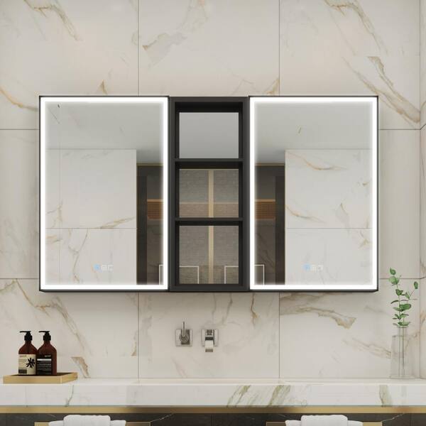60 in. W x 30 in. H Rectangular Black Aluminum Recessed/Surface Mount LED Medicine Cabinet with Mirror and Outlet