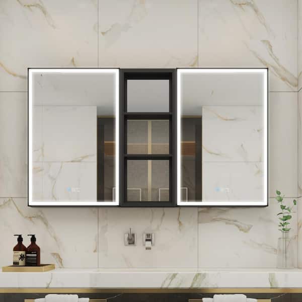 60 in. W x 30 in. H Rectangular Black Aluminum Recessed/Surface Mount LED Medicine Cabinet with Mirror and Outlet