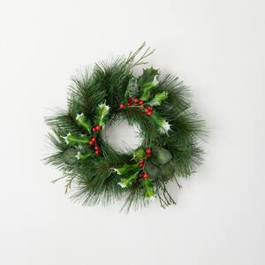 15 in. Unlit Green Holly, Berry and Pine Mini Artificial Christmas Wreath