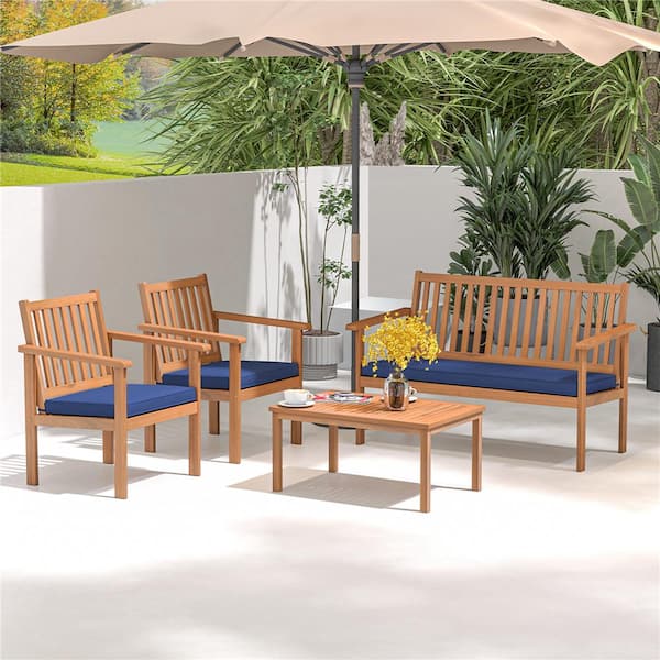 Costway Navy 4-Piece Wood Patio Conversation Set with Loveseat, 2 Chairs and Coffee Table for Porch