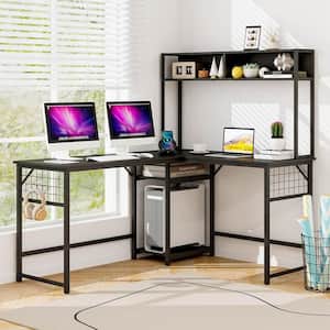 59 in. L-shaped Black Desk with Power Outlet Large Corner Desk Converts to 2-Person Long Desk