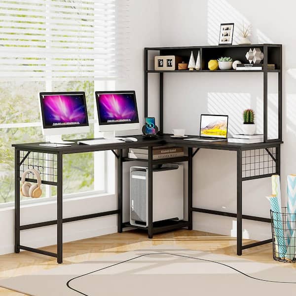 59 in. L-shaped Black Desk with Power Outlet Large Corner Desk Converts to 2-Person Long Desk
