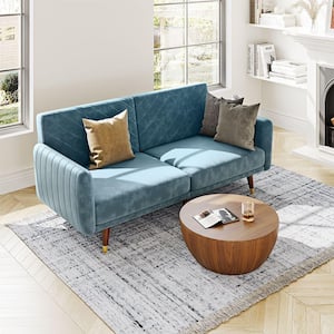 76 in. W Blue Modern Convertible Velvet 2-Seats Sofa Bed with Adjustable Backrest and Solid Wood Legs