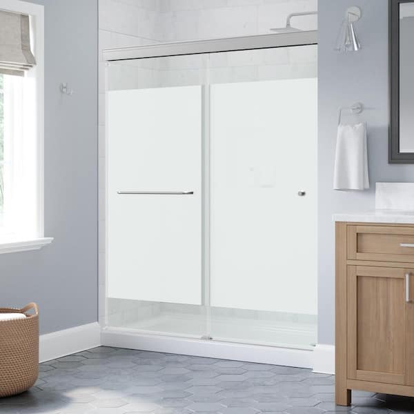 Portwood 52 to 60 in. W x 70-1/4 in. H Semi-Frameless Sliding Shower Door in Chrome with 1/4 in. Privacy Glass