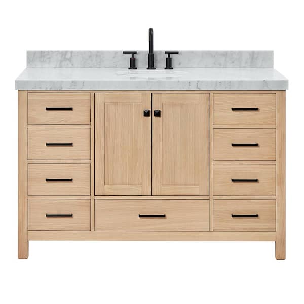 Cambridge 54 in. W x 22 in. D x 36.5 in. H Single Freestanding Bath Vanity in Oak with Italian Carrara Marble Top