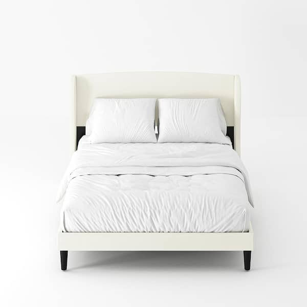 JAYDEN CREATION Eckhard White Upholstered Wood Frame Wingback Queen Platform Bed with Tapered Legs