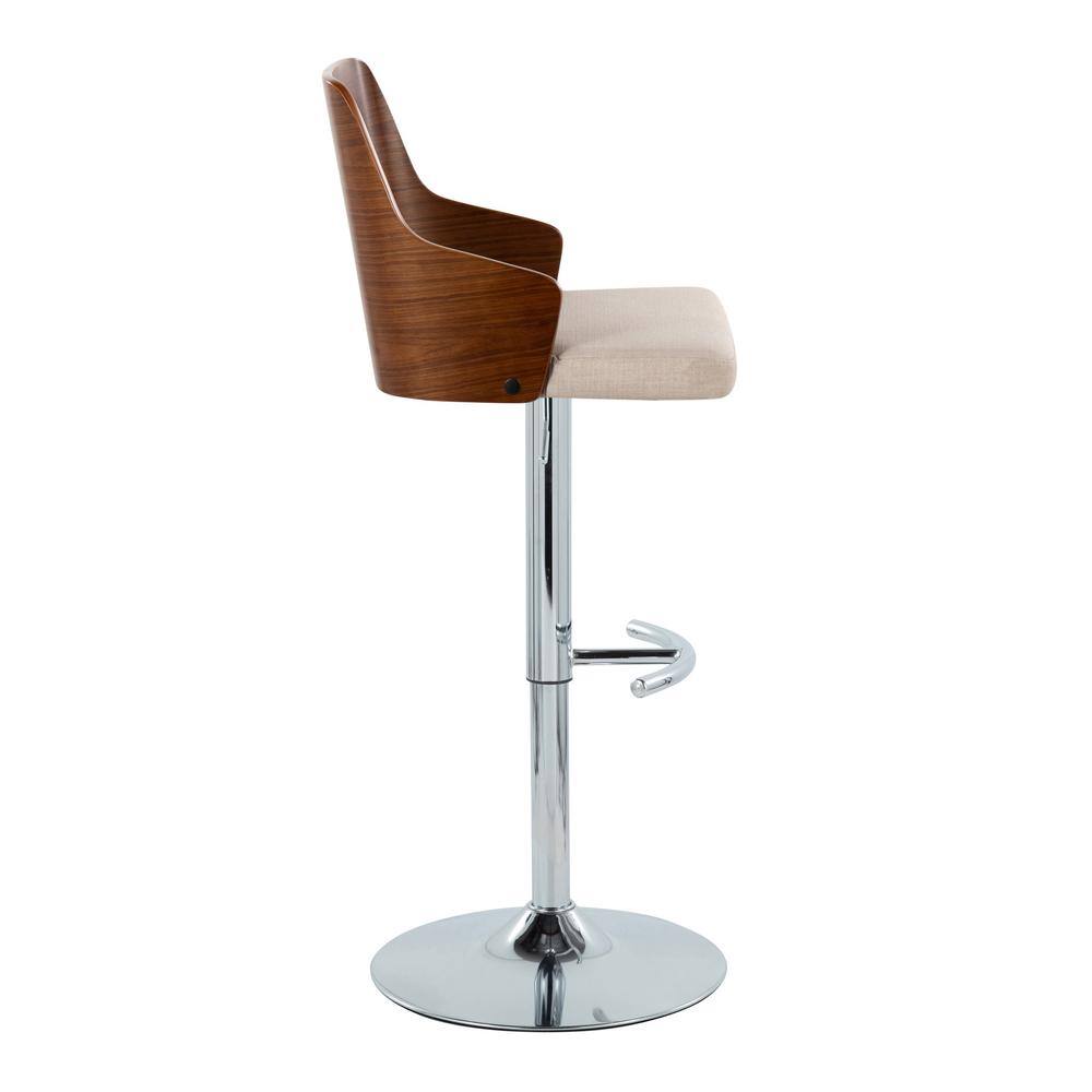 Ariana Adjustable Walnut Wood and Chrome Barstools with Beige Upholstery, Set of 2