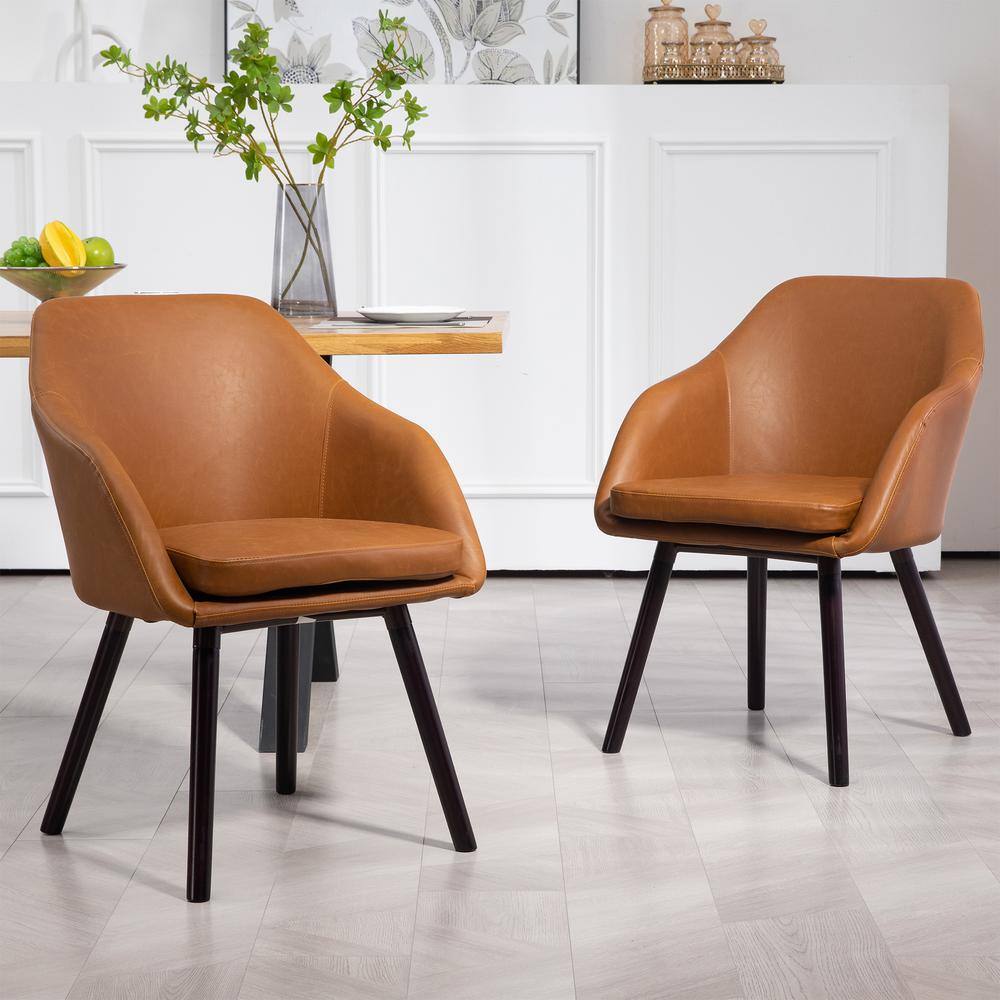 Caramel Brown Faux Leather Wood Accent Armchair, Set of 2