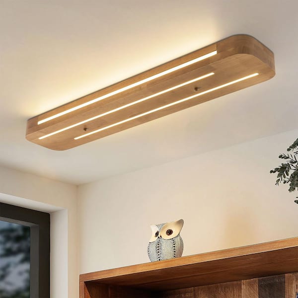Prescot 39.37 in. Farmhouse Rustic Brown LED Flush Mount Ceiling Light with Faux Wood and Black Accents