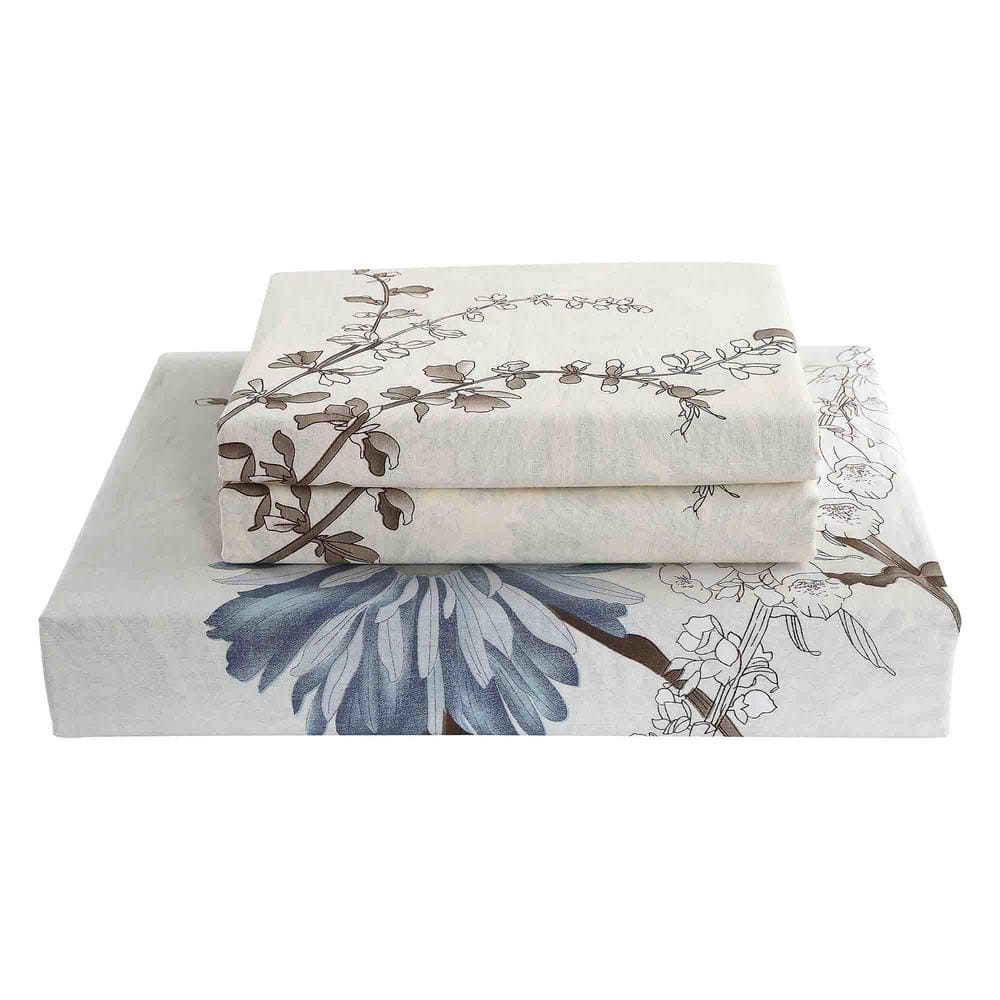 Cream and Blue Gray Floral Cotton Queen Duvet Cover Set