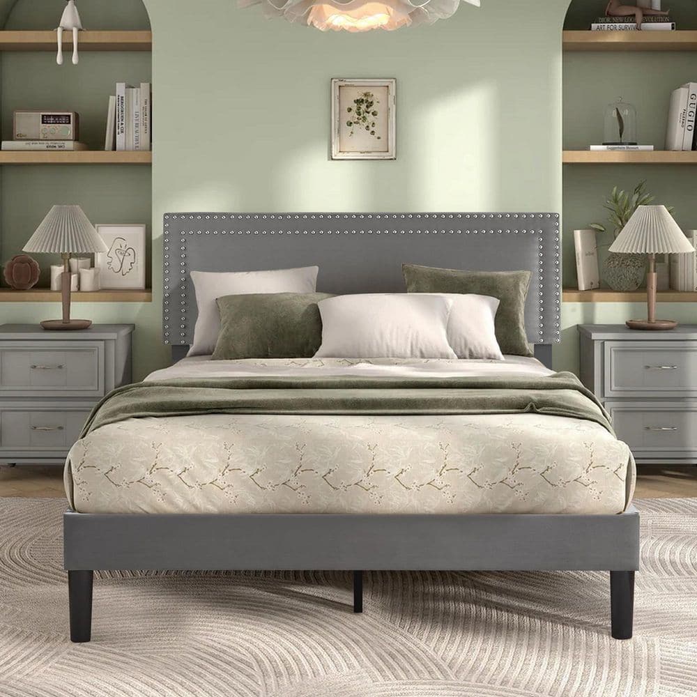 ynsb※ VECELO Upholstered Bed with Adjustable Headboard, No Box