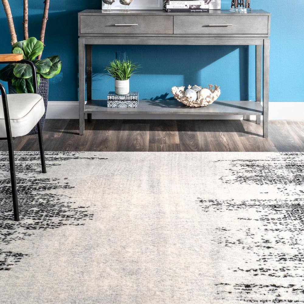 Gray and Black Abstract Synthetic Rectangular Area Rug
