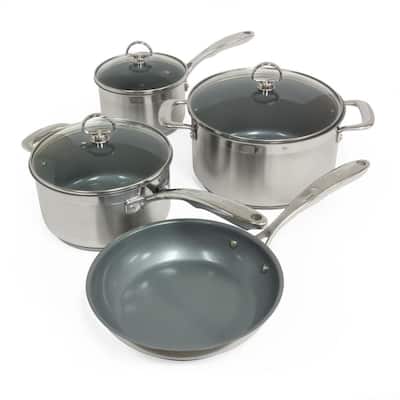 Induction 21 Steel 7-Piece Stainless Steel Ceramic Nonstick Cookware Set in Brushed Stainless Steel