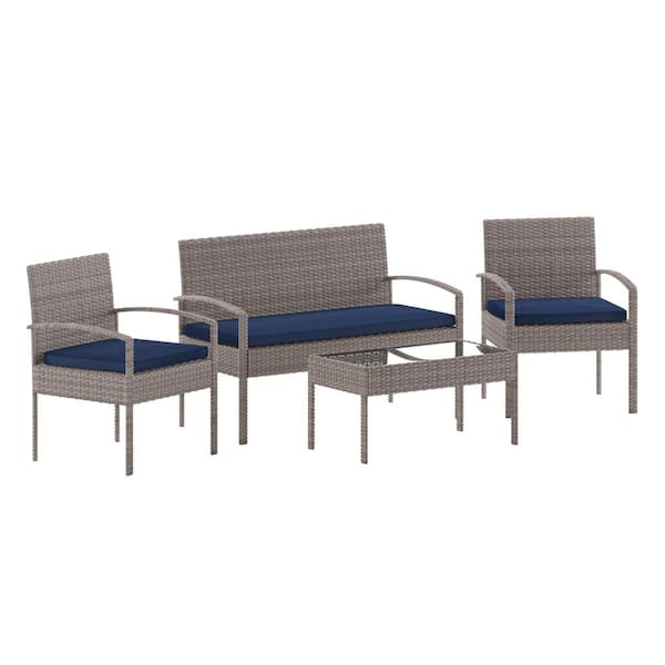 Carnegy Avenue Aransas Light Gray/Navy 4-Piece Wicker Patio Conversation Set