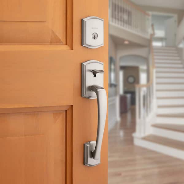 Prague Single Cylinder Door Handleset w/Soft Modern Rose Arroyo Knob featuring SmartKey Security in Satin Nickel