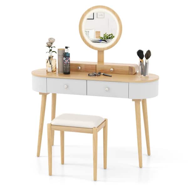 Costway 2-Piece White and Natural Makeup Vanity Set with LED Lighted Mirror Drawers Cushioned Stool