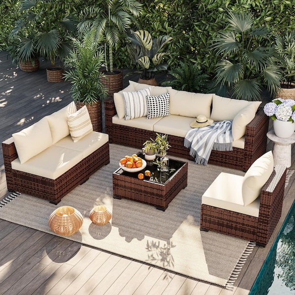 7-Piece Wicker Beige Cushion Patio Conversation Set with Cushions