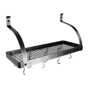 Handcrafted 30 in. Hammered Steel Gourmet Deep Bookshelf Wall Rack with Curved Arm with 12-Hooks