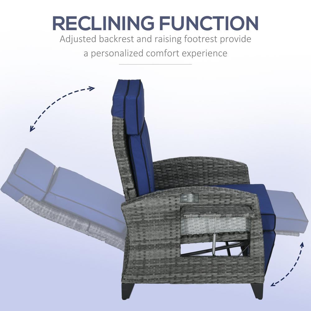 Dark Blue Wicker Reclining Outdoor Lounge Chair with Cushions