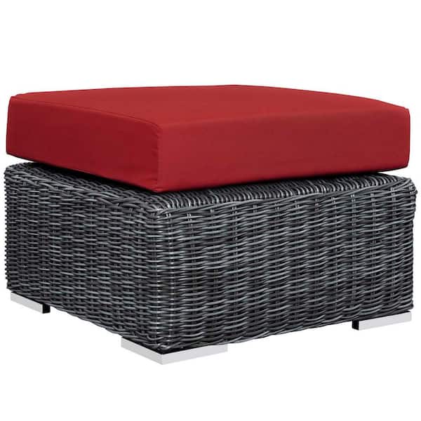 MODWAY Summon Wicker Outdoor Patio Ottoman with Sunbrella Canvas Red Cushion