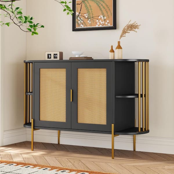 Qualler 47 in. Black Specialty Particle Board Console Table with Adjustable Shelf and Curved Open Shelves