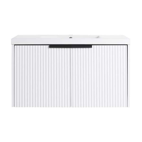36 in. Wall-Mounted Single White Bath Vanity with White Resin Vanity Top Unassembled
