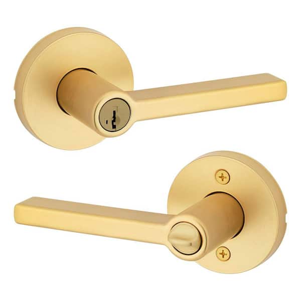 Kwikset Halifax Satin Brass Round Keyed Entry Door Handle Handle Featuring SmartKey Security