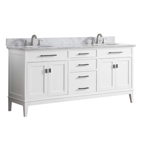 Madison 73 in. Double Sink White Bath Vanity with Carrara White Marble Top
