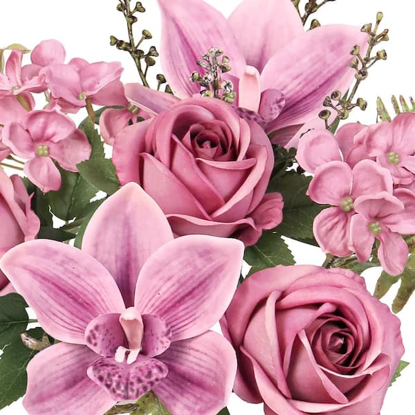 16 in. Plum Mauve Purple Artificial Mixed Rose Cymbidium Orchid Hydrangea Flower Stem Bush Bouquet (Set of 2)
