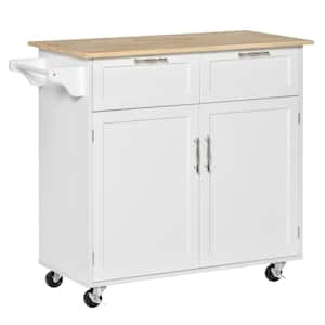 Rolling White Natural Wood Countertop 41 in. Kitchen Island with Adjustable Shelves and Drawers