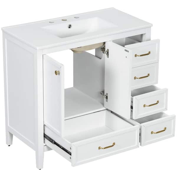 36 in. Solid Wood Frame Freestanding Single Sink White Bath Vanity with White Ceramic Top