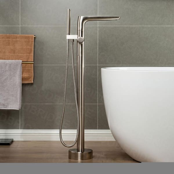 WOODBRIDGE Beaumont Single-Handle Freestanding Floor Mount Tub Filler Faucet with Hand Shower in Brushed Nickel