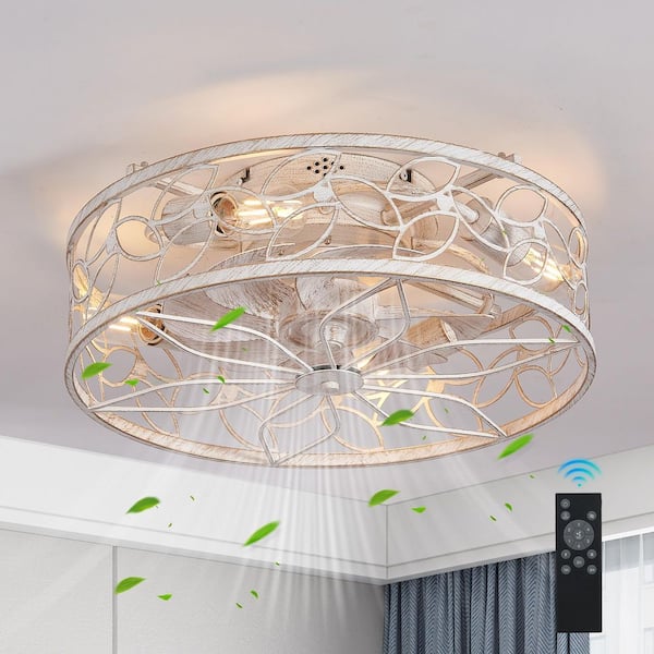 Lasaideal 18 in. 4-Light Indoor White Faux Wood Caged Low Profile Ceiling Fan Flush Mount Remote Control with No Bulbs Included