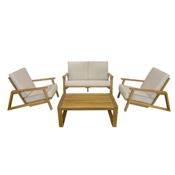 Kinger Home Ezra 4- Piece Deep Seating Teak Wood Outdoor Patio Conversation Set with White Cushions