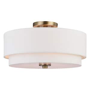 Burnaby 16 in. W Matte Brass Mid-Century Modern Semi Flush Mount Ceiling Light White Linen Drum Shade