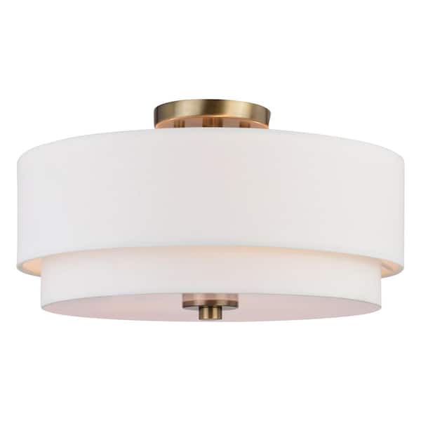 Burnaby 16 in. W Matte Brass Mid-Century Modern Semi Flush Mount Ceiling Light White Linen Drum Shade