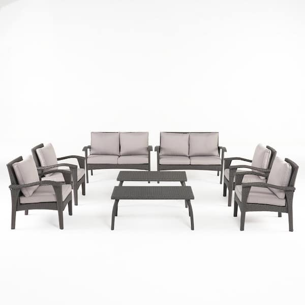 Noble House Atticus Grey 8-Piece Faux Rattan Outdoor Patio Conversation Set with Light Grey Cushions