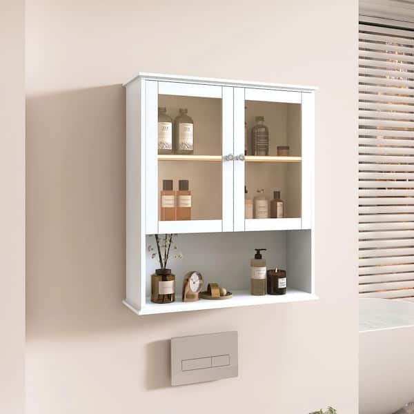 MEDUNJESS YJAY 26 in. W x 8 in. D x 29.5 in. H Bathroom Storage Wall Cabinet with 2-Glass Doors in White