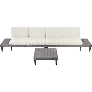 Outdoor 3-Piece Patio Furniture Set Solid Wood Sectional Sofa Conversation Set with Beige Cushion and Coffee Table