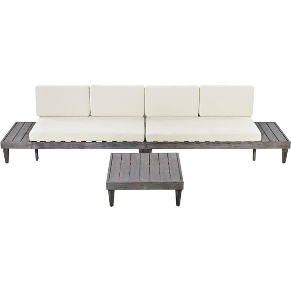 Zeus & Ruta Outdoor 3-Piece Patio Furniture Set Solid Wood Sectional Sofa Conversation Set with Beige Cushion and Coffee Table