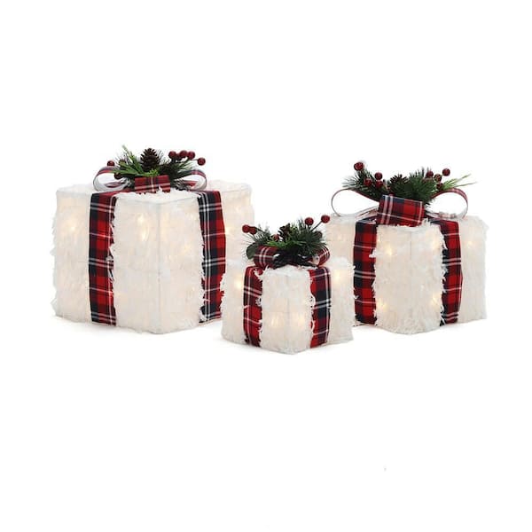 13 in. 3-Piece Lighted White Gift Box Set with Plaid Ribbon, Outdoor Christmas Holiday Decoration