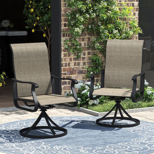 Black Metal Outdoor Dining chair with 360° Swivel Sling in Brown Set of 6