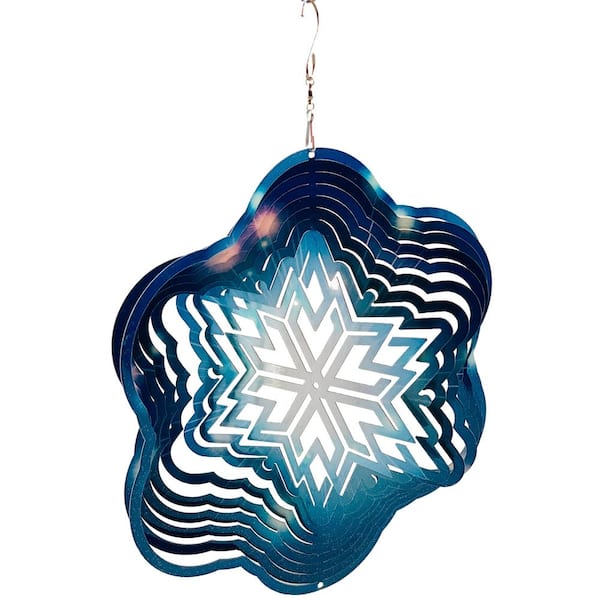Dundee Deco Falkirk Wind 12 in. Stainless Steel Wind Spinner Mandala Snowflake in Blue White
